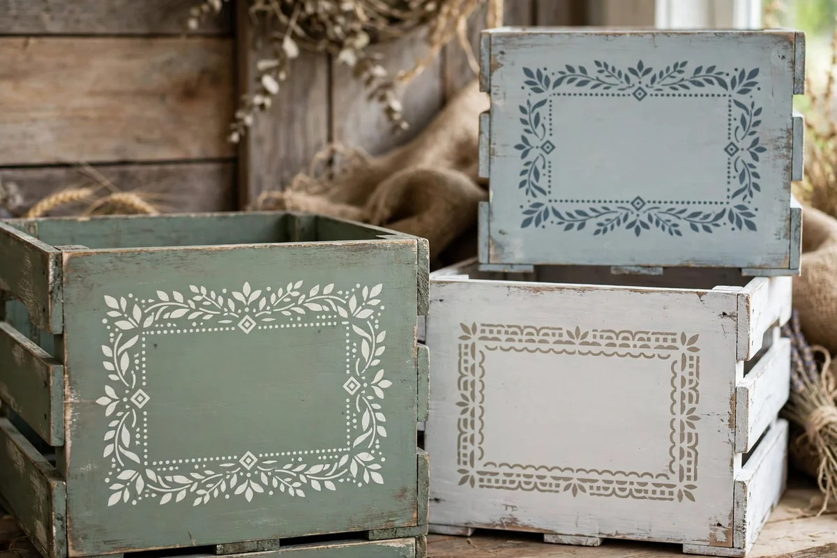 Wooden crates with stenciled labels