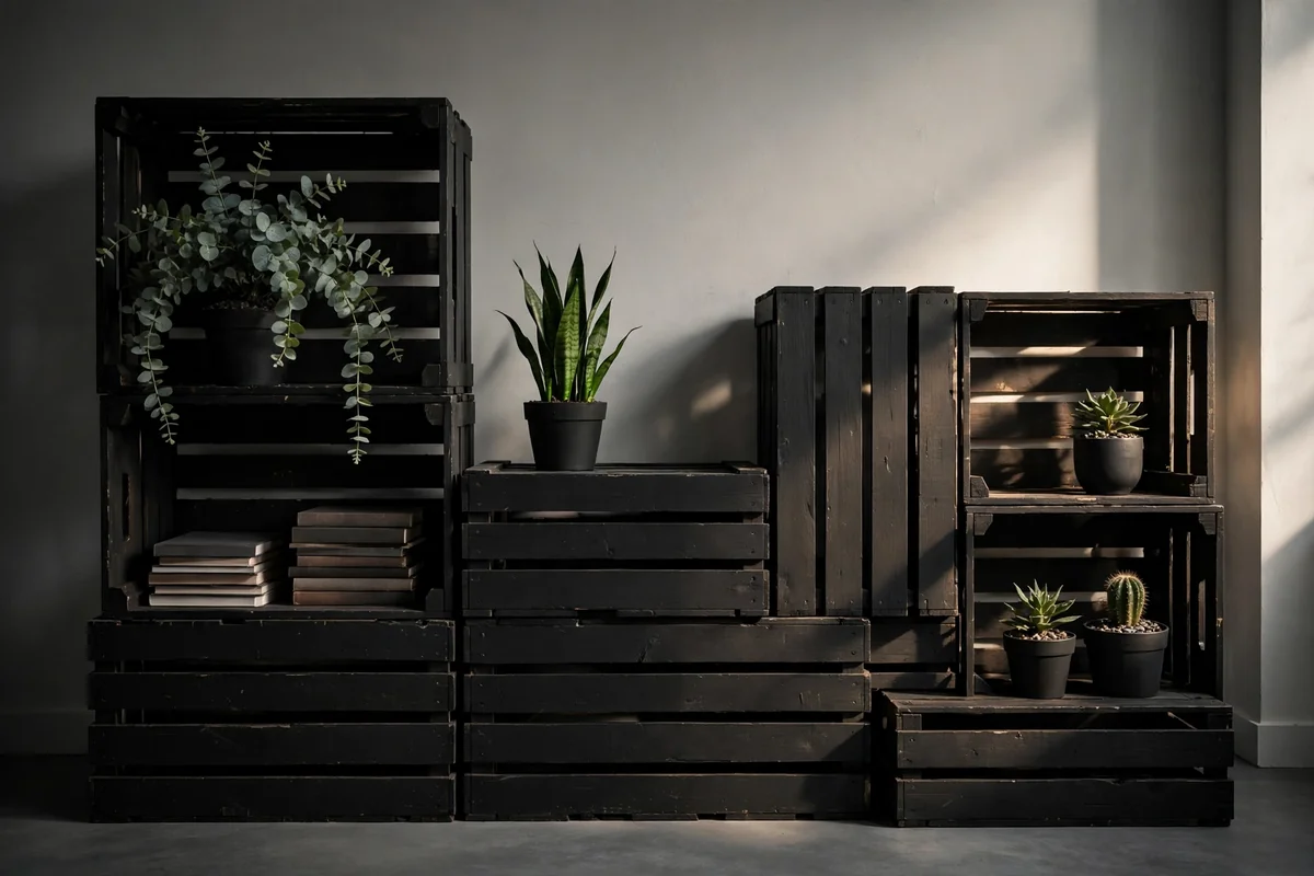 Black matte painted wooden crates