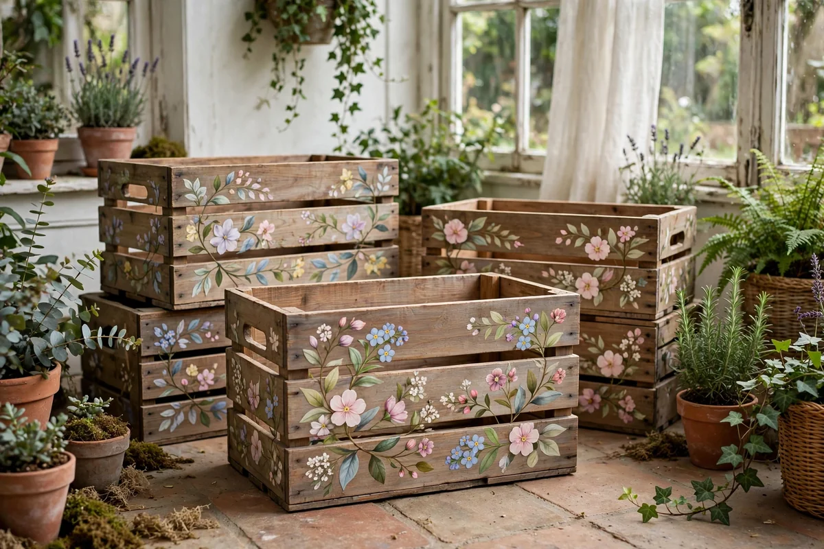 Wooden crates with hand-painted flowers