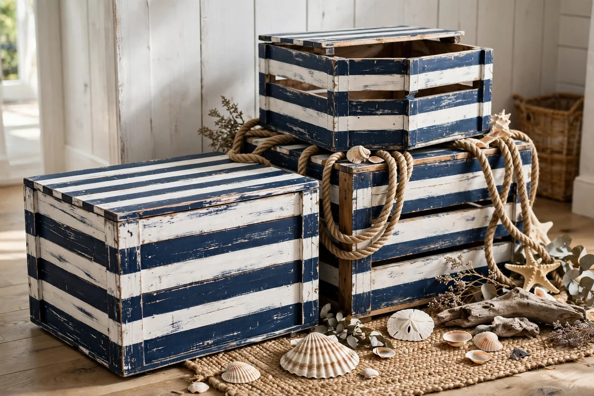 Striped nautical painted wooden crates