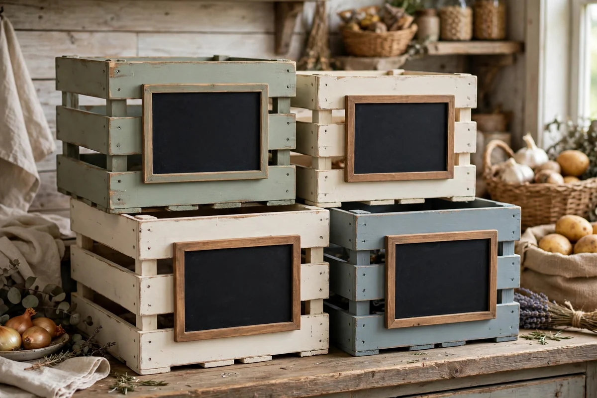 Wooden crates with chalkboard labels