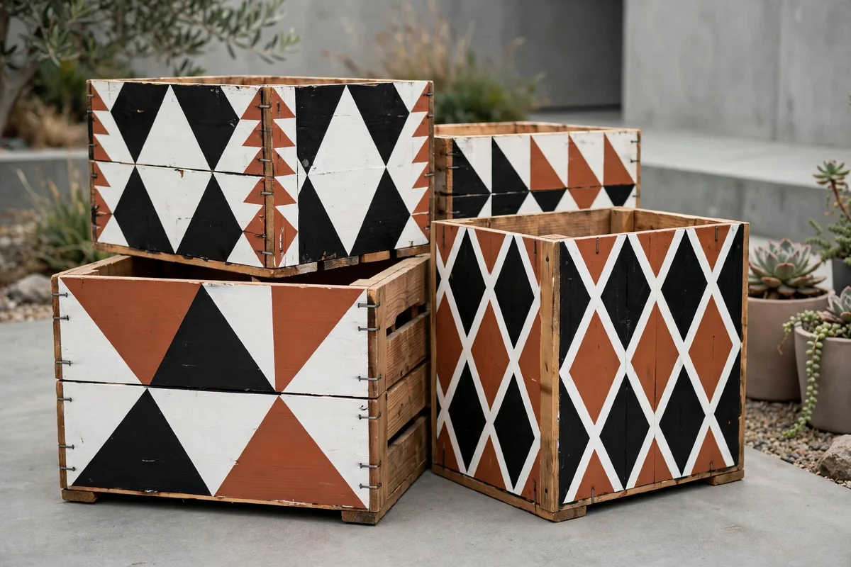 Geometric patterned painted wooden crates