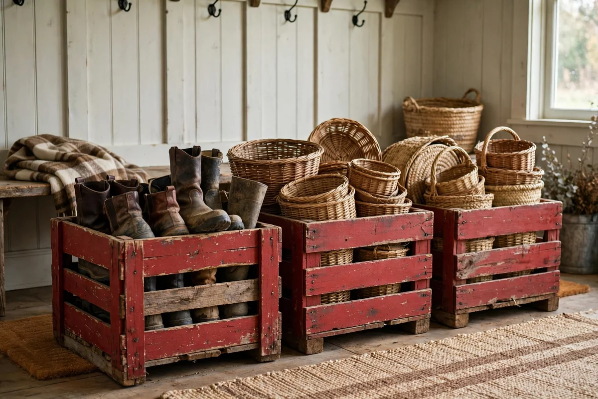 Barn red painted wooden crates