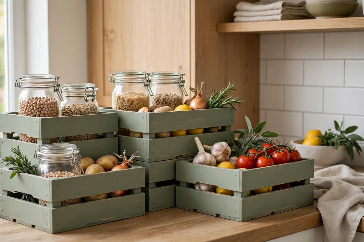 Sage green painted crates in kitchen