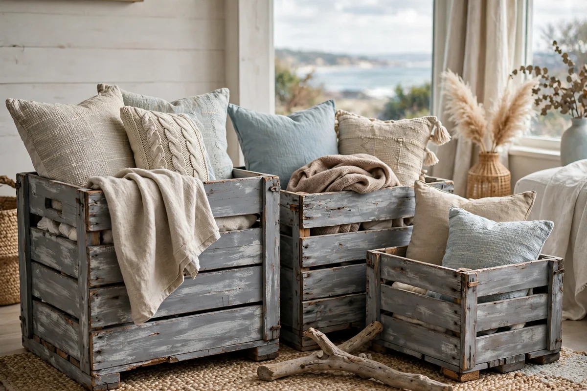 Weathered gray washed wooden crates