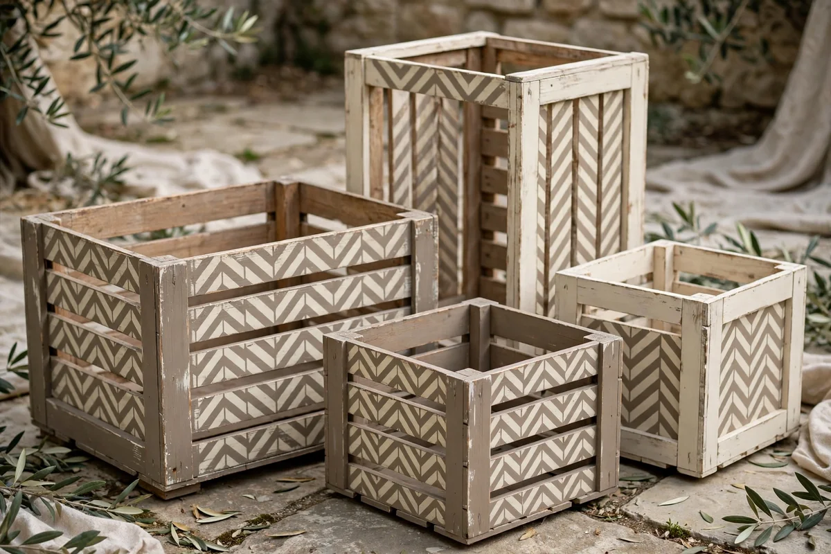 Wooden crates with herringbone stencil pattern