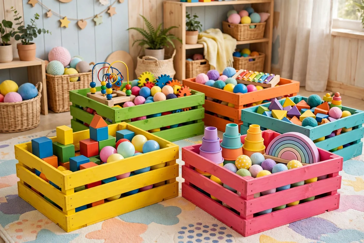 Colorful painted crates in playroom