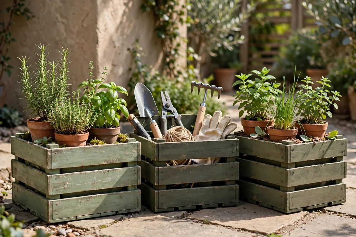 Painted crates with herbs in garden
