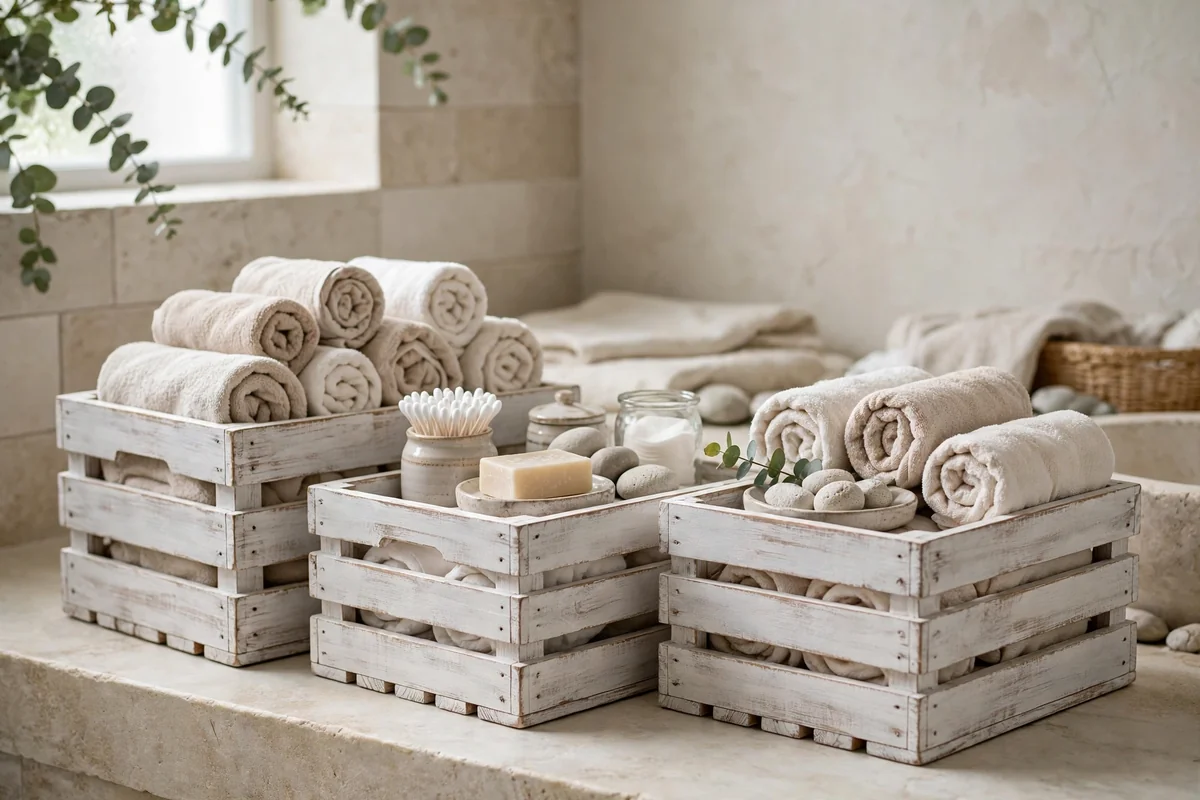 Painted crates storing bathroom essentials