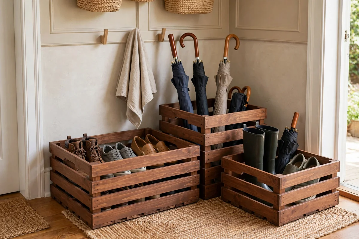 Painted crates holding shoes in entryway
