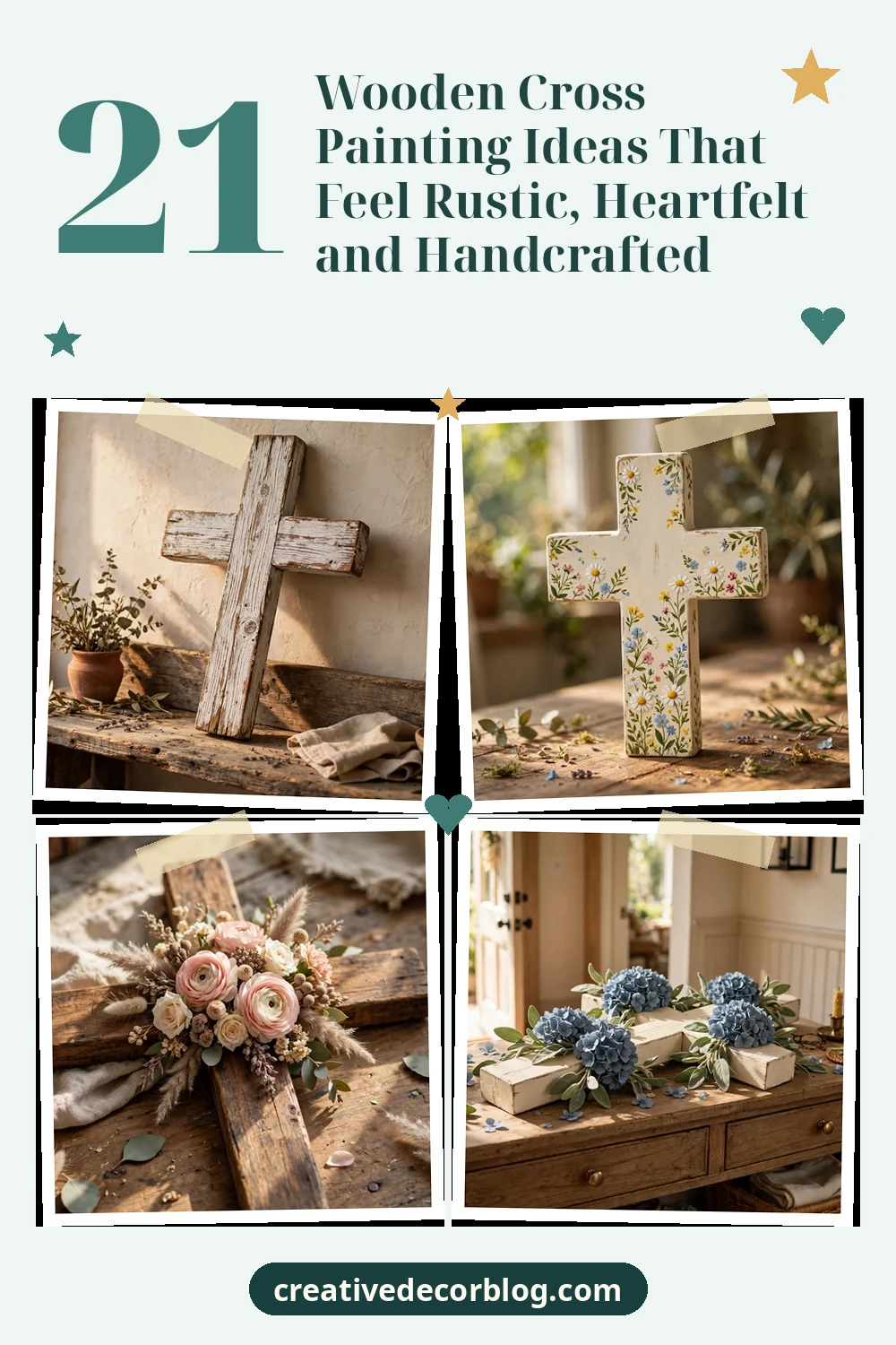 Pinterest pin with four painted wooden cross photos and the article title