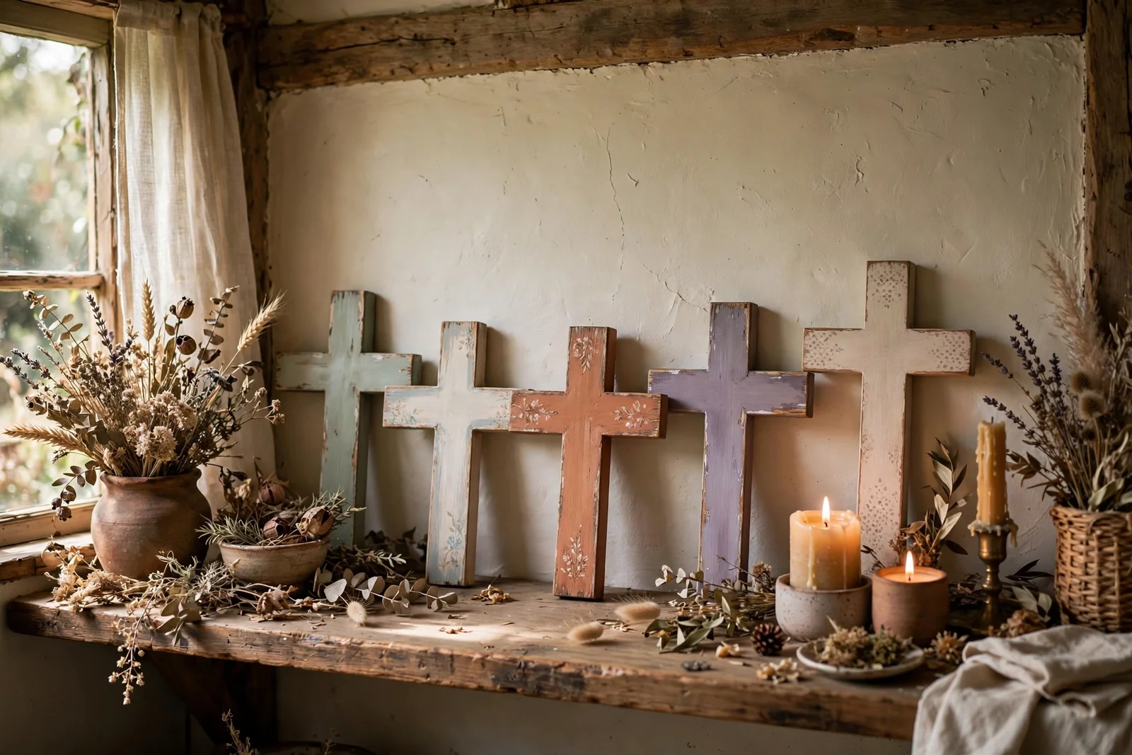 Hand painted wooden crosses in rustic finishes arranged on a wooden shelf
