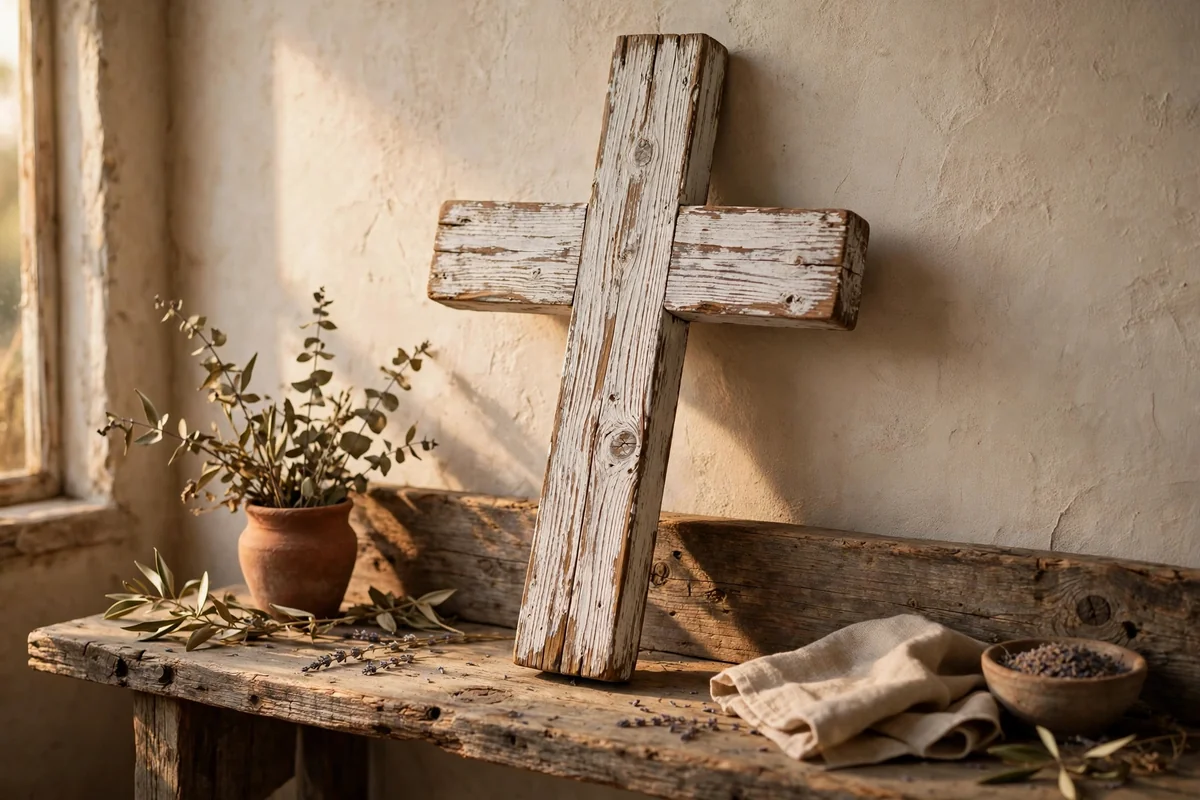 Whitewashed wooden cross with the grain showing through thin white paint
