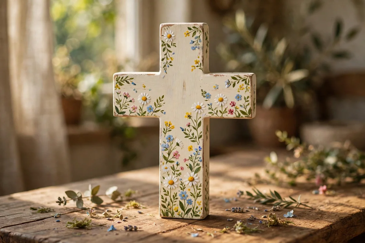 Cream wooden cross decorated with tiny hand painted wildflowers