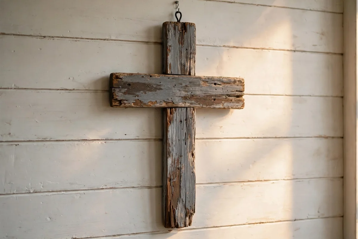 Wooden cross with a weathered grey and brown barnwood style finish