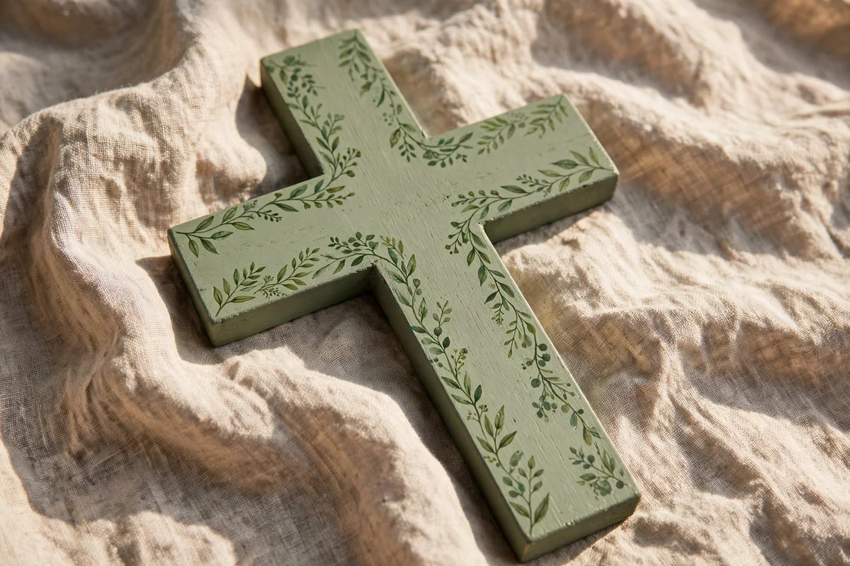 Sage green wooden cross with a delicate painted leafy vine
