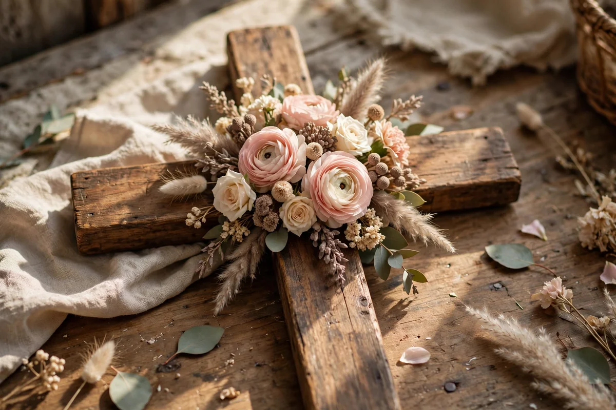 Wooden cross painted with a soft bouquet in blush, cream and taupe