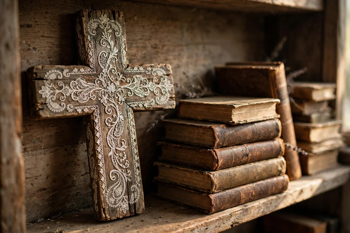 Weathered wooden cross with ivory lace inspired scrollwork painting