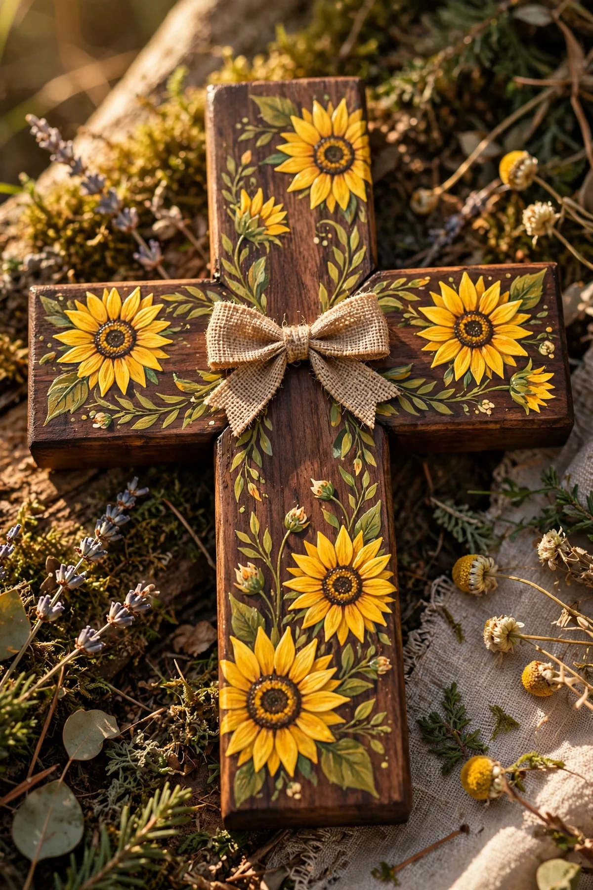 Walnut stained wooden cross painted with golden sunflowers and a burlap bow