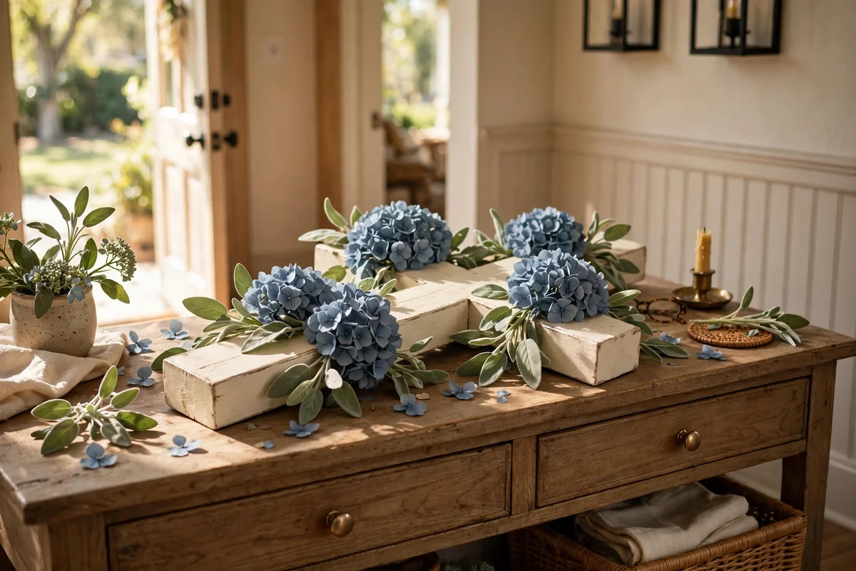 Cream wooden cross painted with dusty blue hydrangea clusters