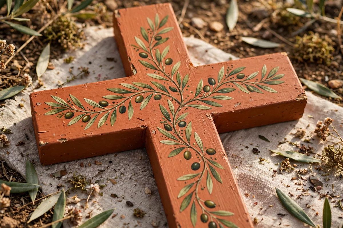 Terracotta wooden cross with a hand painted winding olive branch
