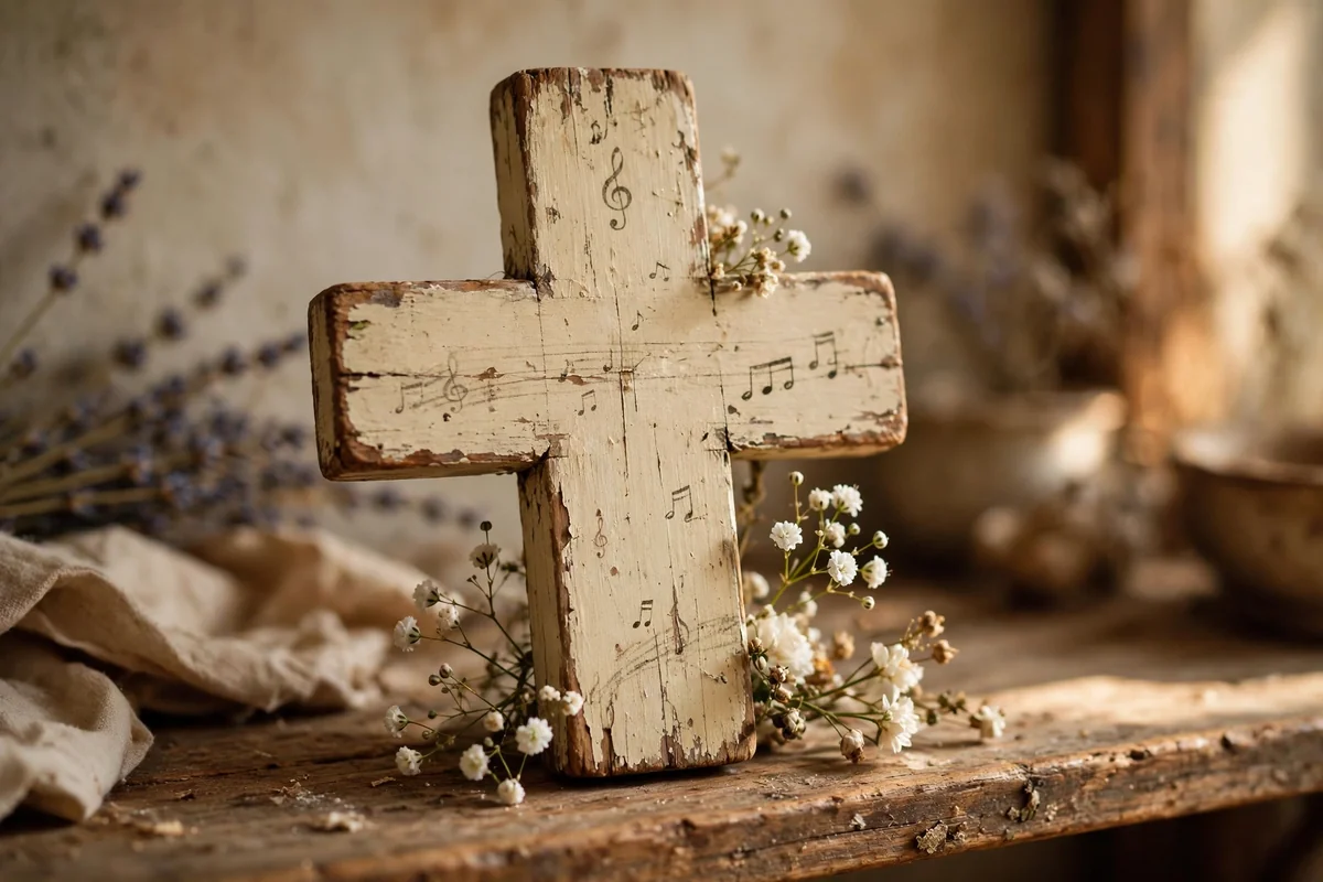 Aged cream wooden cross with faint painted musical notes and white flowers