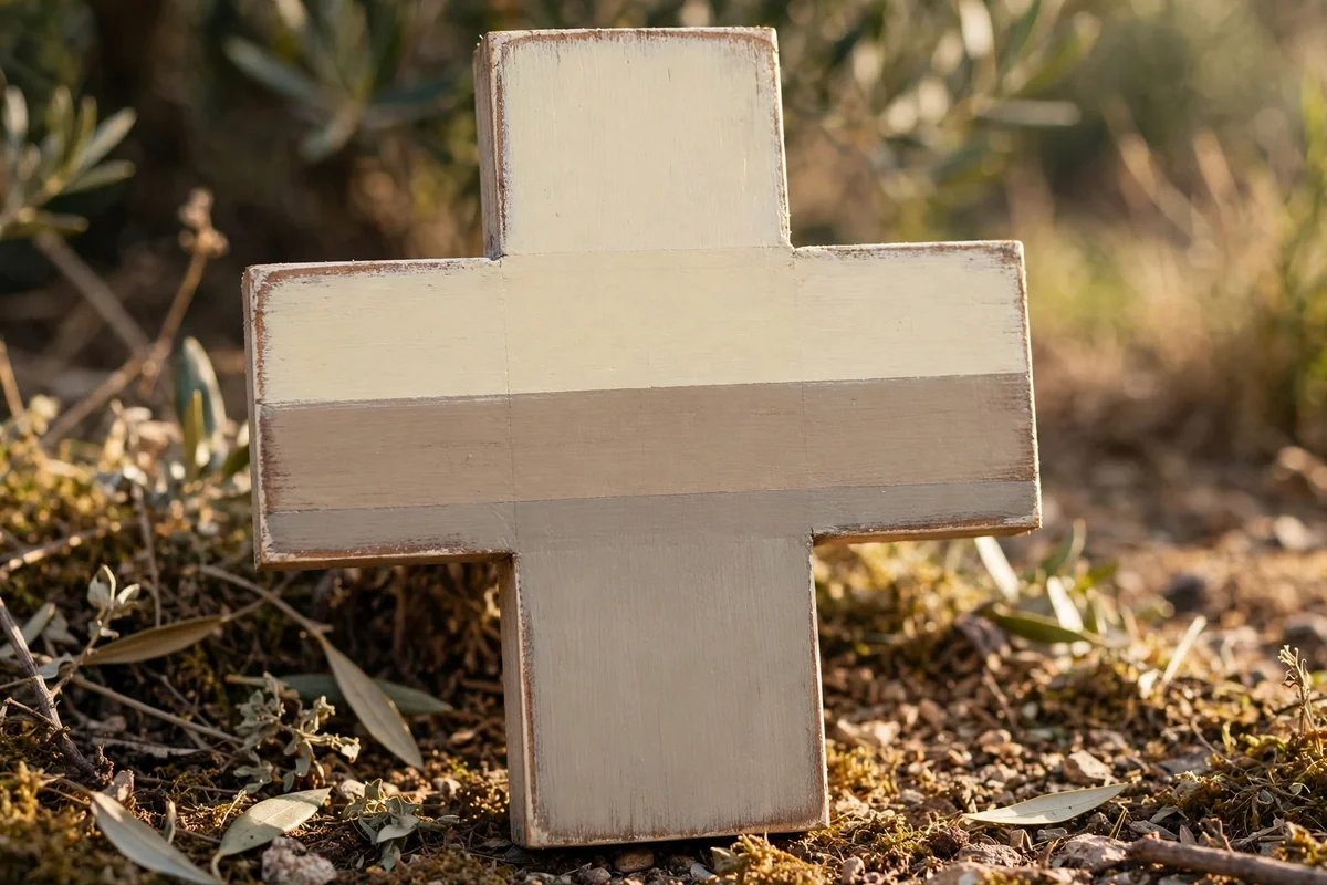 Wooden cross with calm horizontal stripes in cream, taupe and warm grey