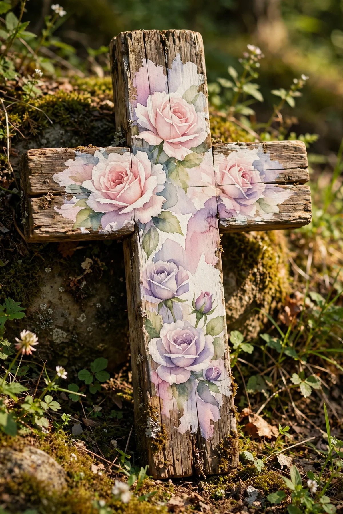 Wooden cross painted with soft watercolour style roses in blush and lavender