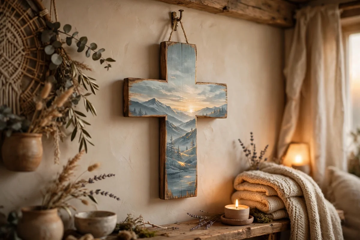 Wooden cross painted with a muted blue mountain sunrise landscape