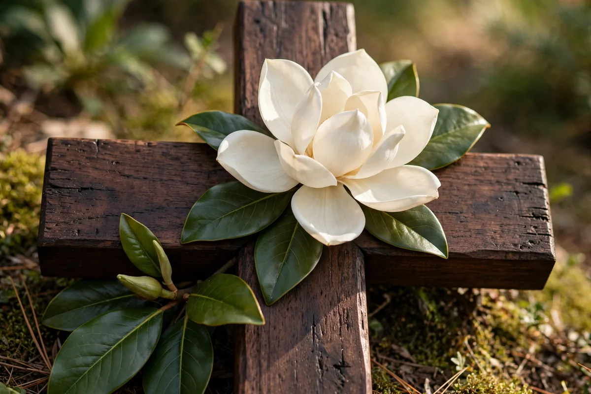 Dark walnut cross painted with one large creamy magnolia blossom