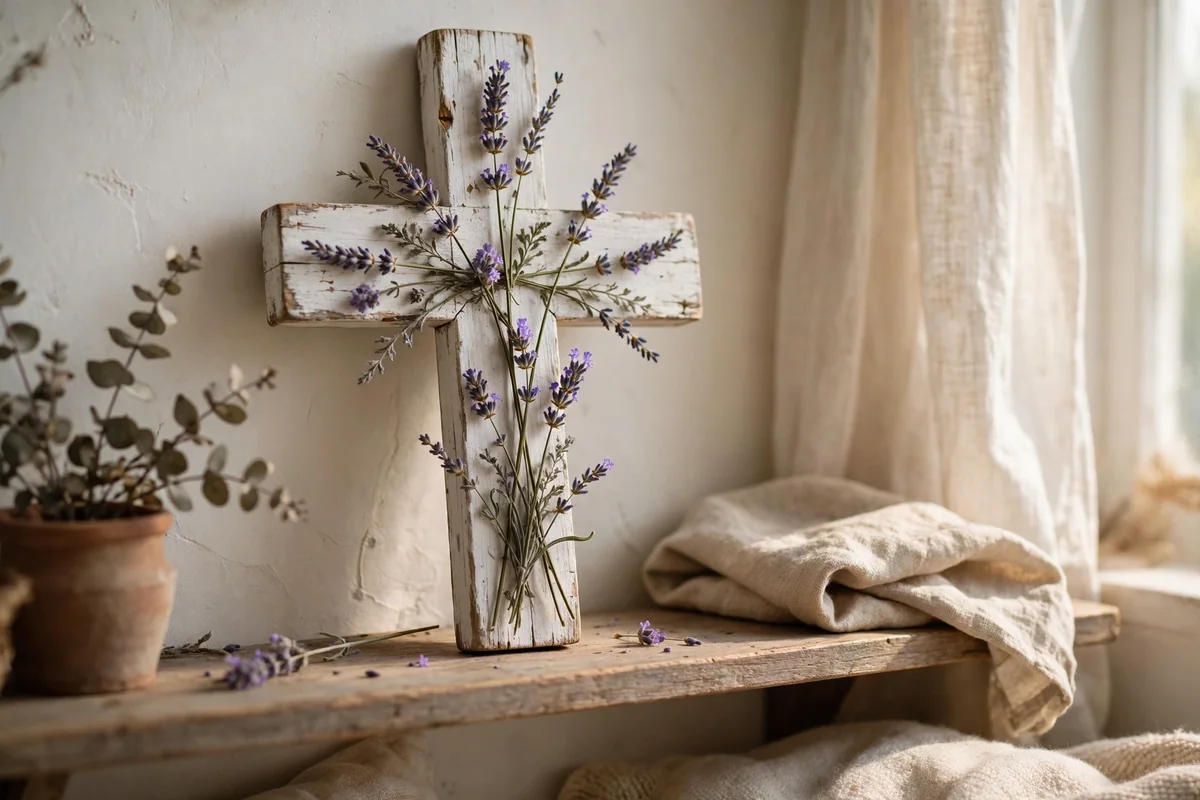 Weathered white wooden cross painted with slender lavender stems