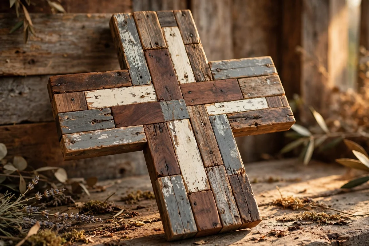 Wooden cross painted as a patchwork of reclaimed board colours