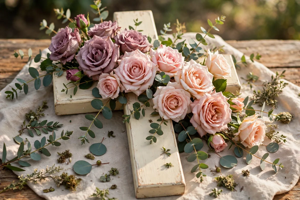 Cream wooden cross painted with heirloom roses in dusty mauve and peach