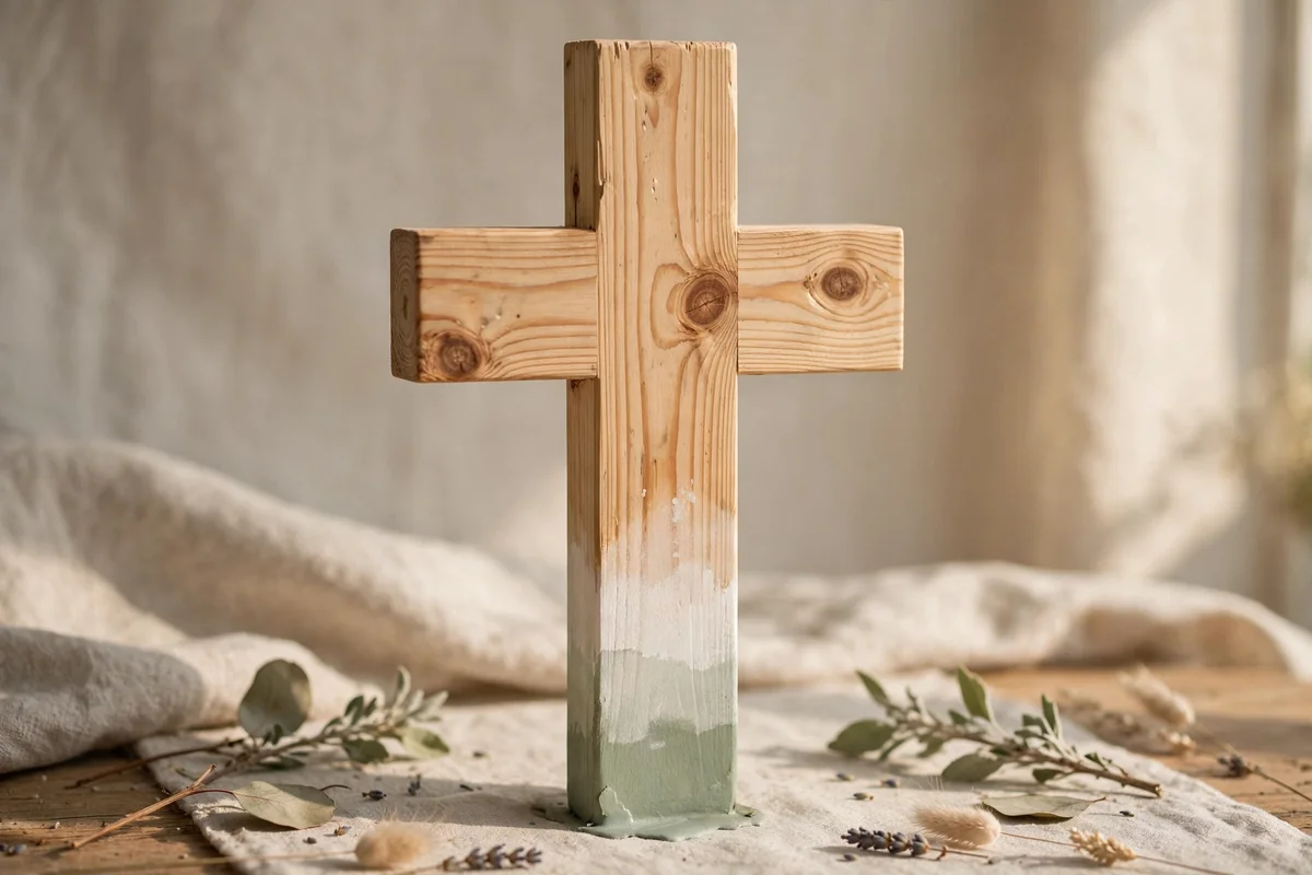 Natural pine wooden cross with dip painted ends in white and sage