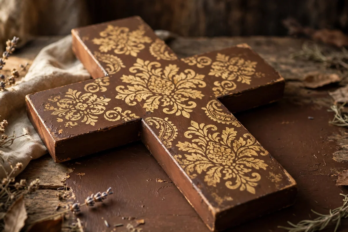 Wooden cross with an antique gold stencilled damask motif on brown