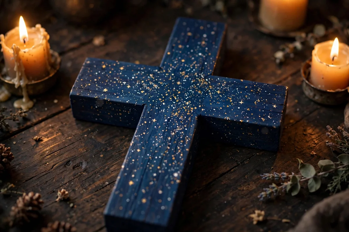 Wooden cross painted deep indigo with speckled gold and white stars