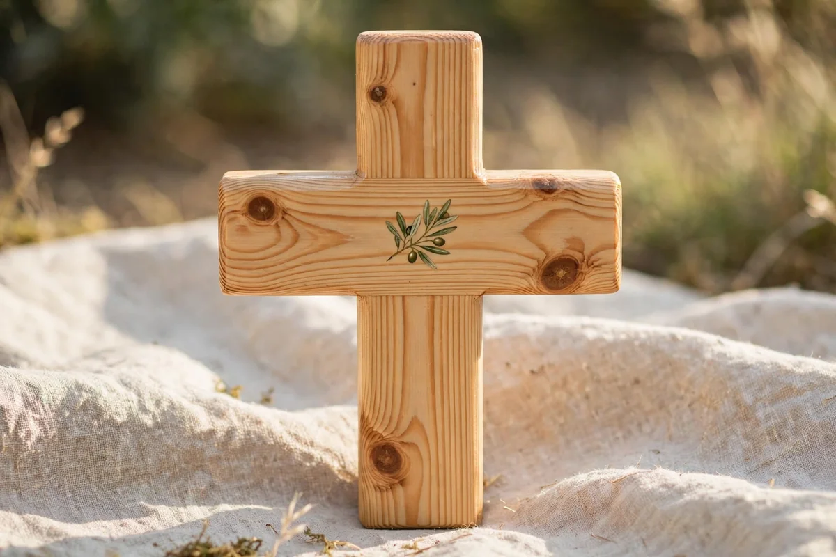 Natural pine cross finished with beeswax and one painted olive sprig