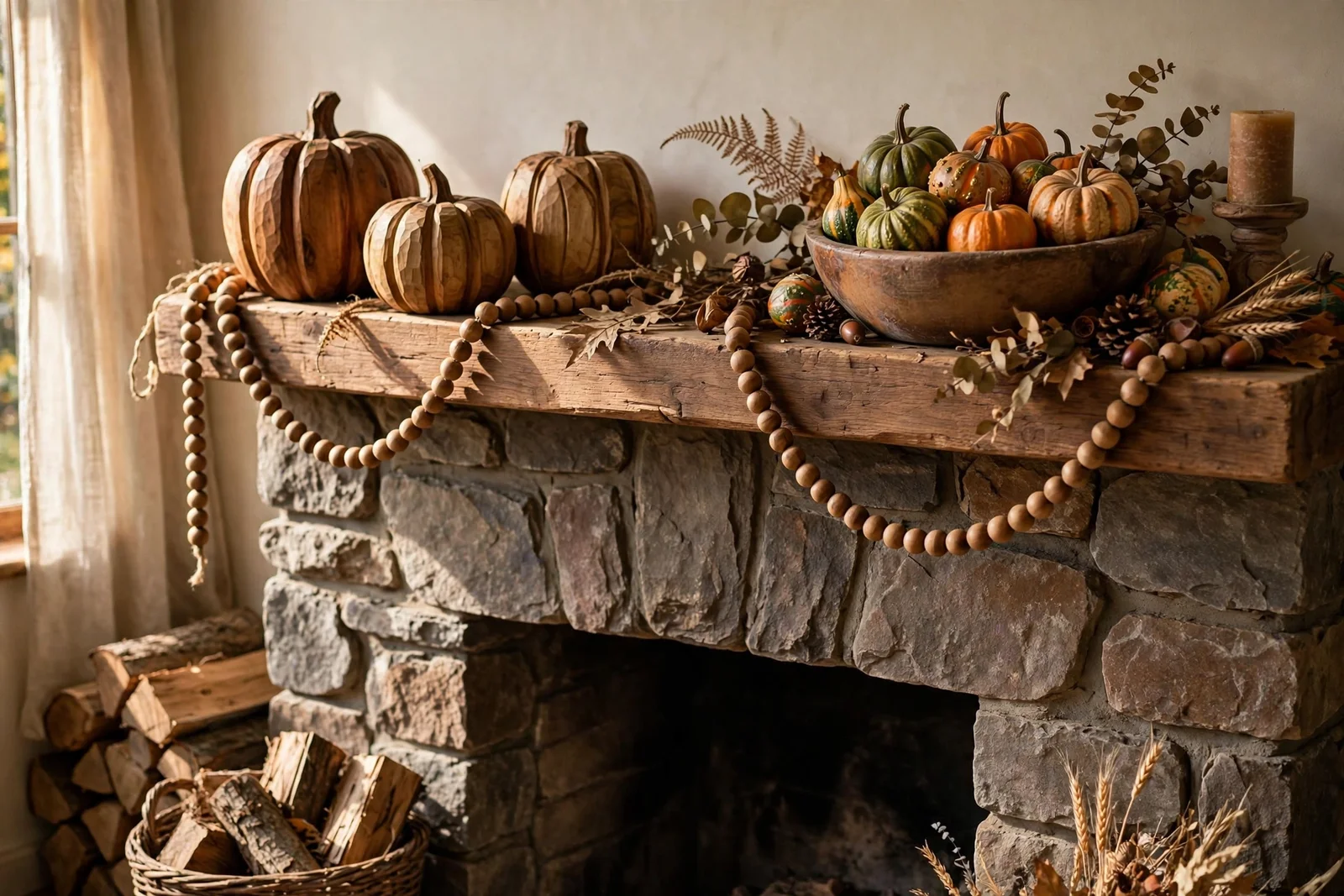 Carved wooden pumpkins, bead garland and dough bowl styled on an autumn mantel