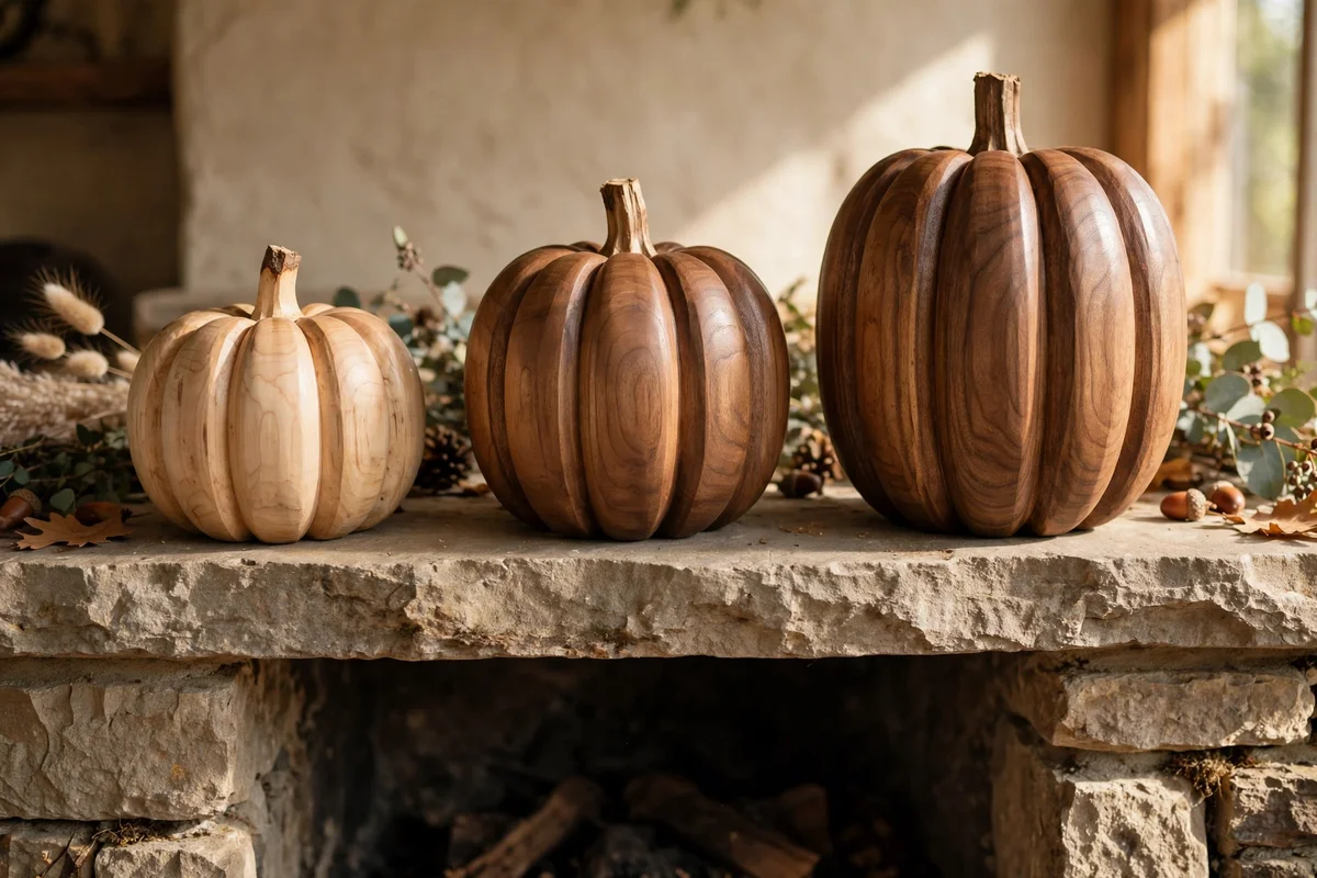 Three turned wooden pumpkins of graduated heights styled on a fireplace mantel