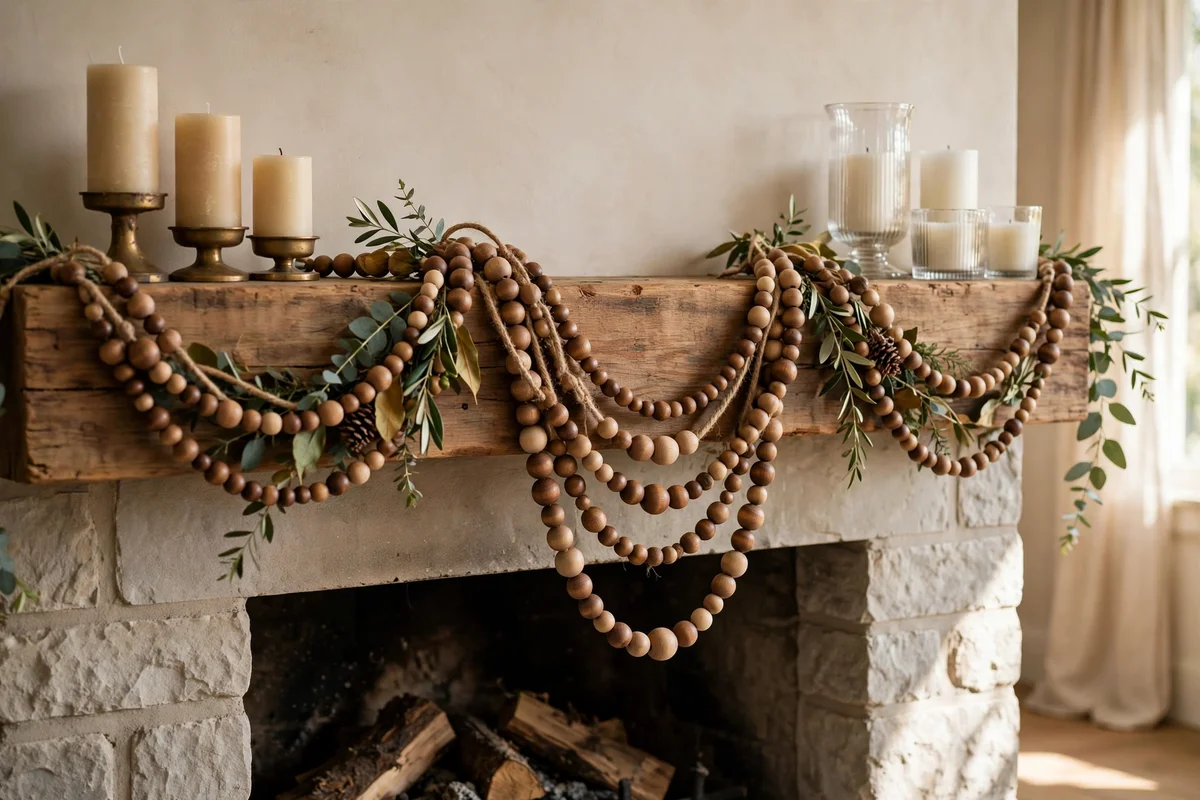 Wooden bead garland swagged along a fireplace mantel