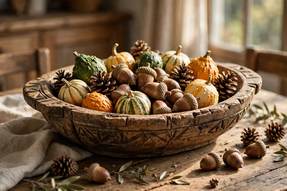Dough bowl filled with mini gourds and pinecones