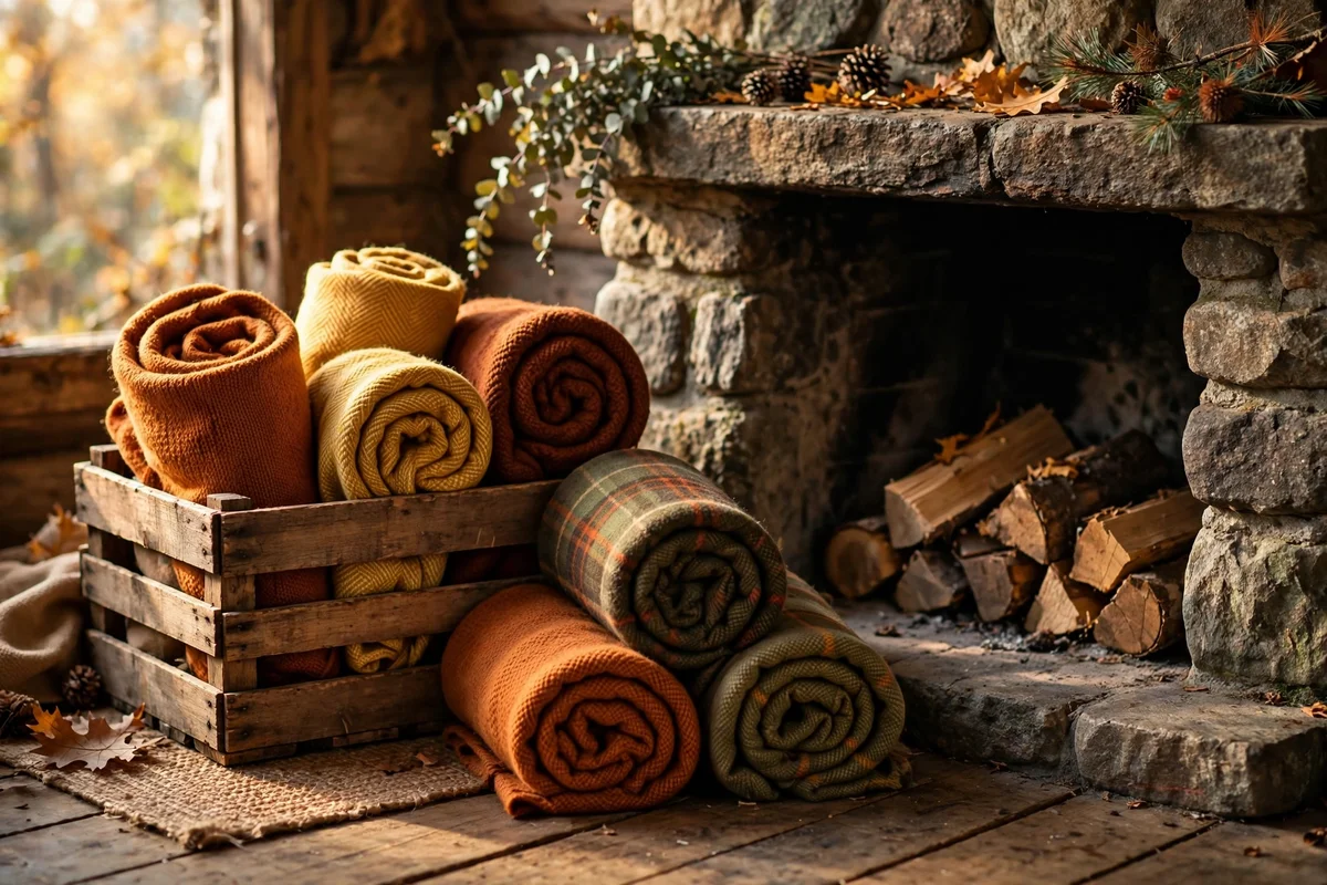 Wooden crate holding rolled blankets by the hearth