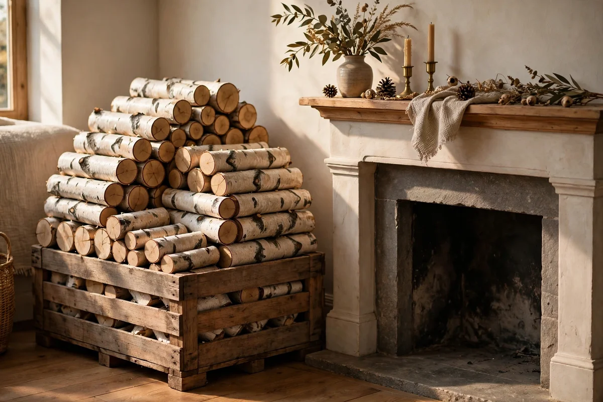 Crate of decorative logs styled by the hearth