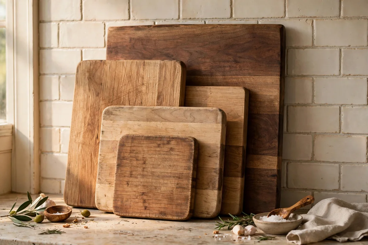 Wooden cutting boards layered against a splashback