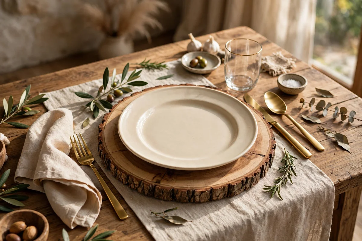 Wood slice chargers under dinner plates