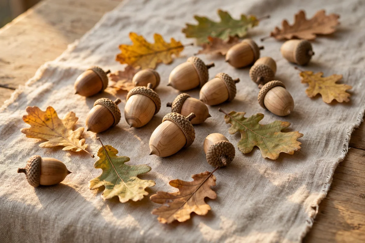 Wooden acorns and leaves along a table runner