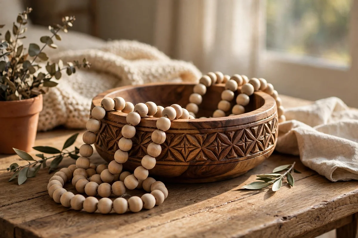Bead garland draped over a bowl on a coffee table