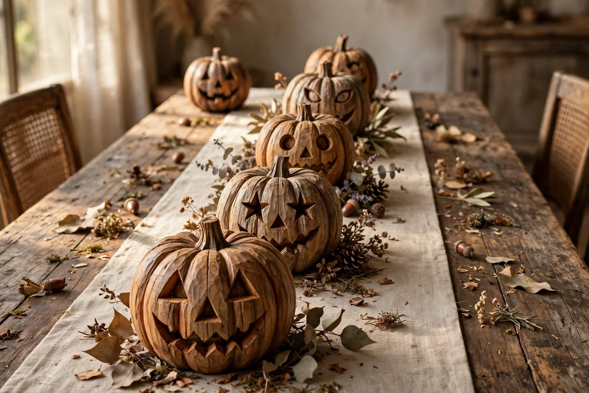 Carved wooden pumpkins lining a dining table