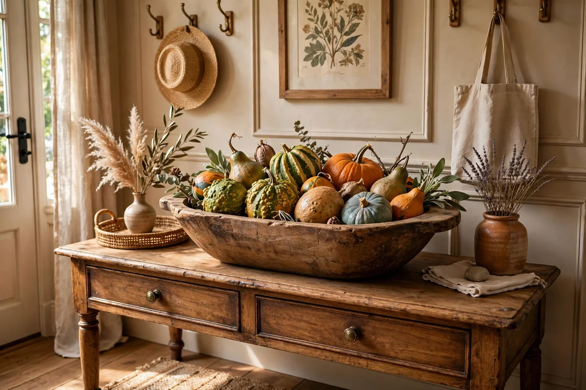 Dough bowl of gourds on an entry console