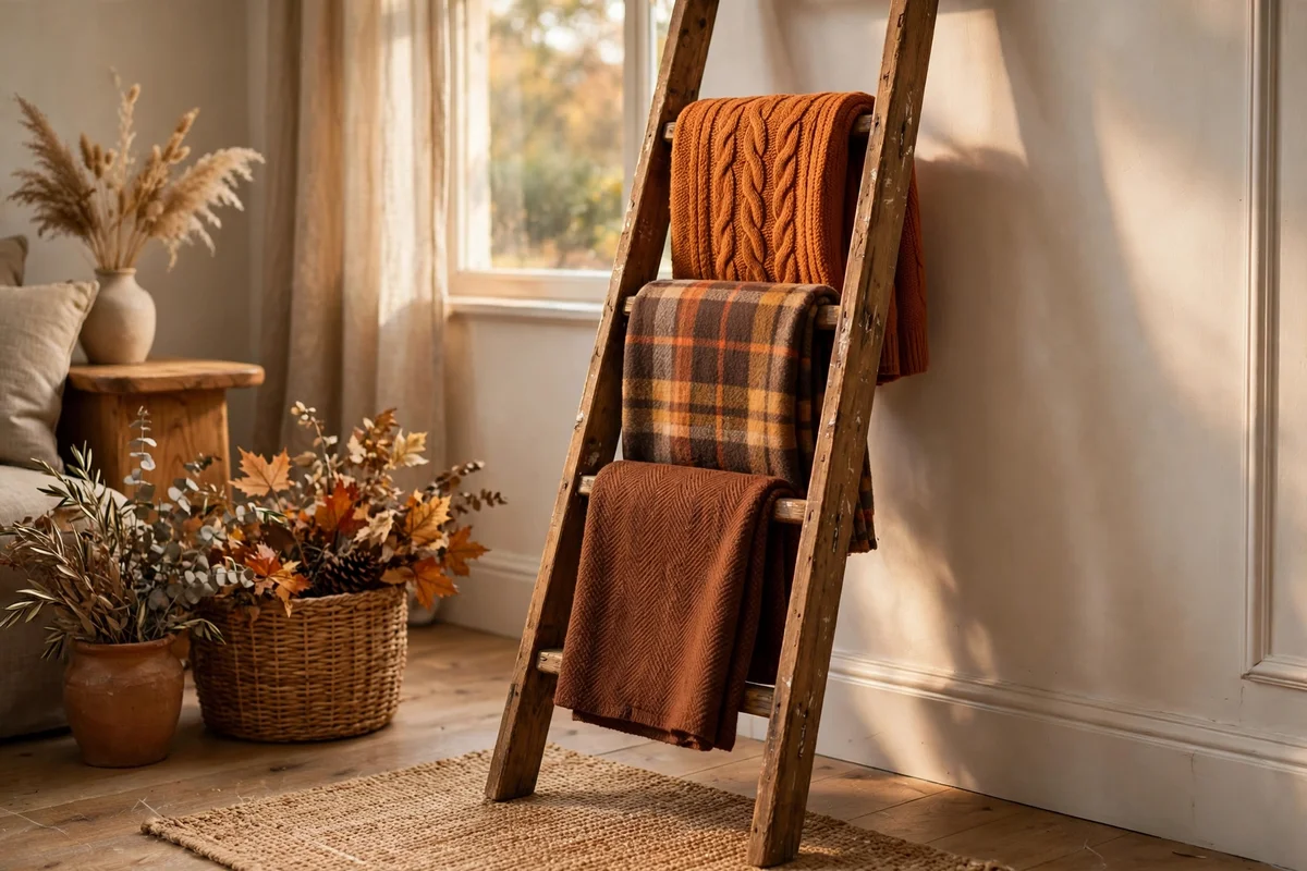 Wooden ladder holding autumn throws